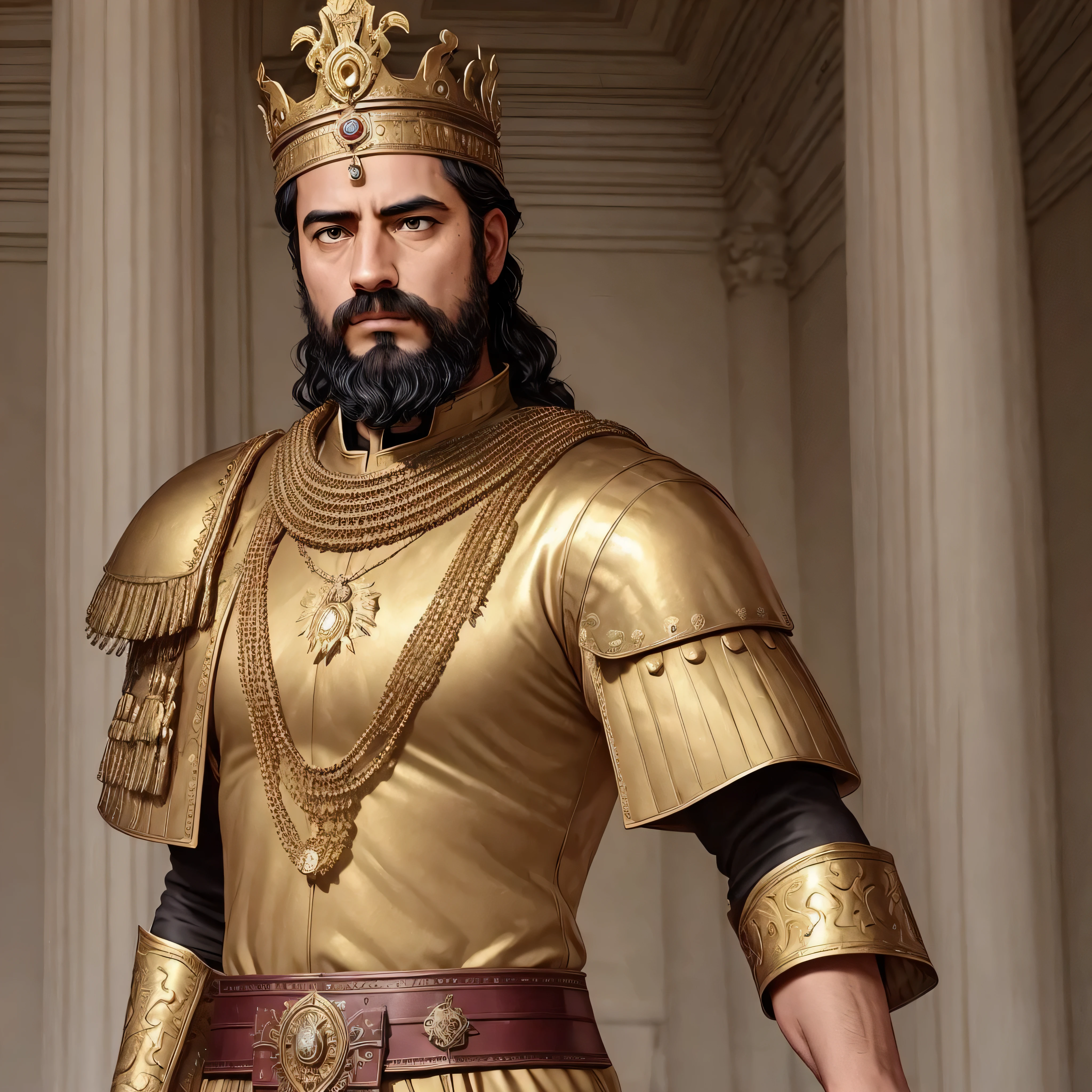 best quality,ultra-detailed,realistic,portrait,roman emperor,historical,outfit,luxurious crown,detailed armor,regal stance,imposing figure,age lines,wisdom in eyes,noble features,golden accessories,power and authority,ancient setting,elaborate background,stone pillars,royal purple color palette,soft sunlight,high contrast lighting,impressive details,defining shadows,stoic expression,commanding presence,bronze statue-like,texture and depth,immaculate craftsmanship,vivid colors,finest brush strokes,lifelike portrayal,masterpiece:1.2