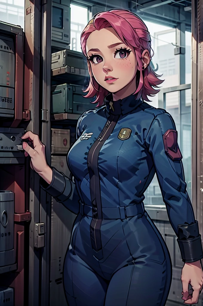Mayl Sakurai reimagined as a vault dweller in vault doing maintenance, pipboy, pink hair, 26year old, vault dweller jumpsuit,milf, underground, indoor