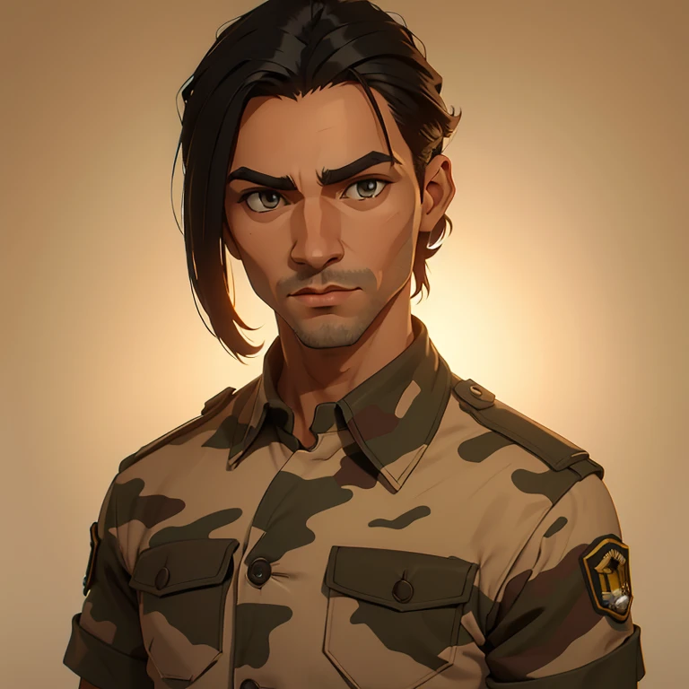 (obra de arte, melhor qualidade), (profundidade de campos:1.2) Um jovem de 27 anos com cabelo castanho curto e crespo levemente ondulado, olhos castanhos, um nariz chato, corpo magro, ((retrato)), usando uniforme militar camuflado ao estilo americano, perspectivas diferentes