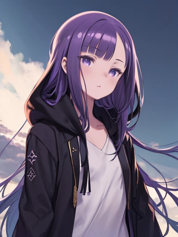 ((masterpiece,highest quality)), Funeral of Frieren, far, One girl, Purple Hair, solo, Very fine eye, Long Hair, Side Lock, Purple eyes, hair ornaments, Lower the hood, White shirt, Black jacket, Open your clothes, Centerpieces, Blue sky and white clouds, Ink painting style