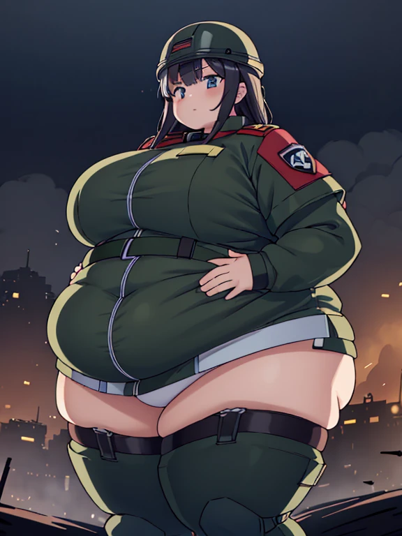 Massively obese red tactical soldier girl, fat rolls, short black hair, (obese belly):1.4, (obese thighs):1.4, bbw, wide hips, large ass, ussbbw, (soldier helmet):1.2 extremely chubby, BREAK battlefield, trenches, mud, dark, foggy, smoke, dirt