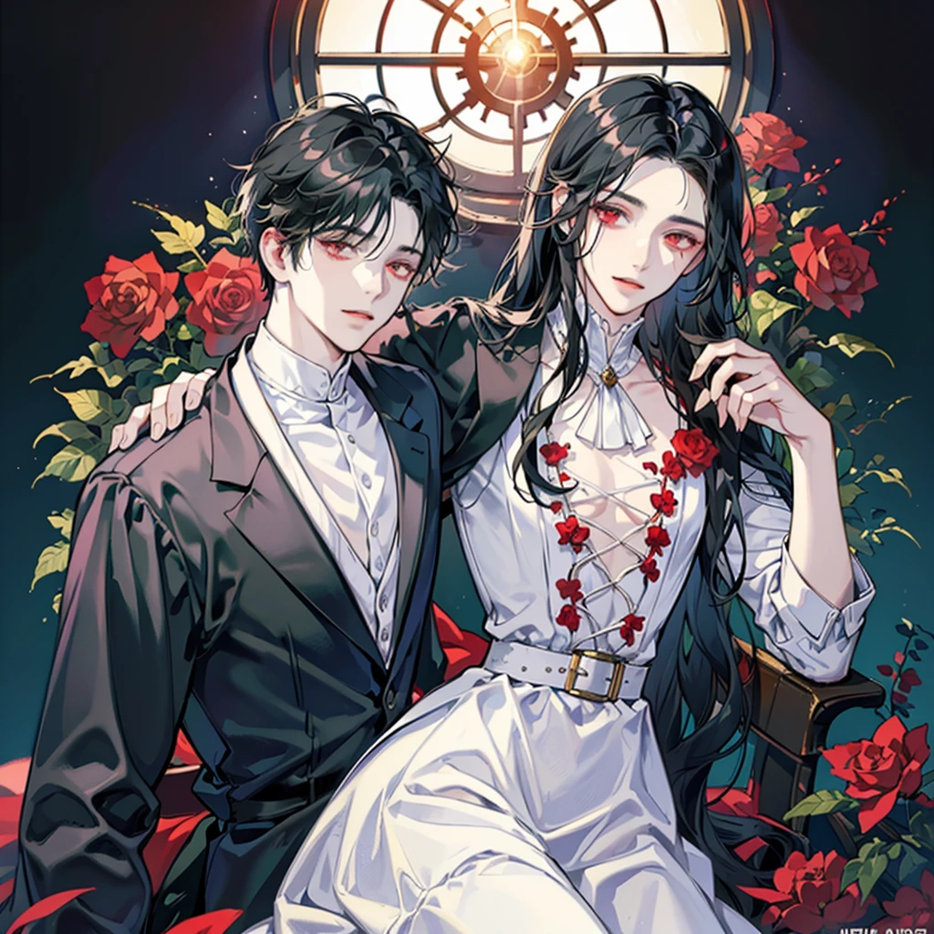 Young man, man, effeminate face, long wavy black hair, black transparent fabric clothes, red eyes, white and red flowers, really pale white skin, greenery, ruin, abandoned place, light, sun, whole body, detailed face, detailed hair, detailed eyes, vampire.
