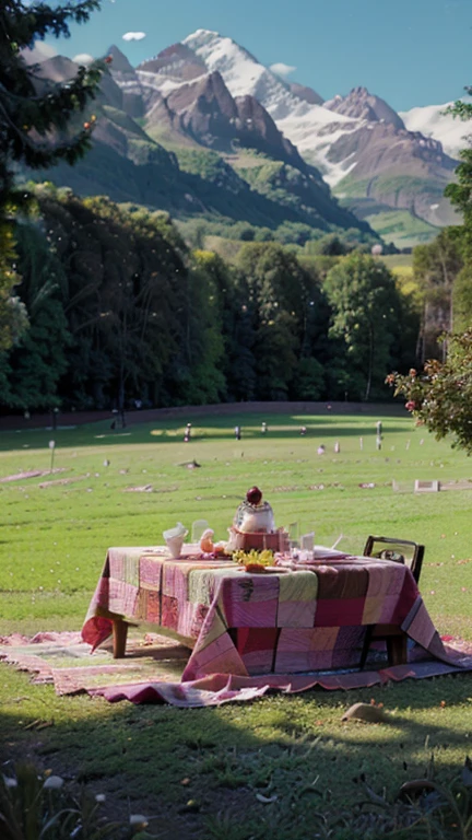 um piquenique em um parque, the picnic blanket is pink checkered and has food on top of the blanket, frutas, salgadinhos, bolos, sandwiches and juices on the tablecloth, also has three bibles, duas abertas e uma fechada.