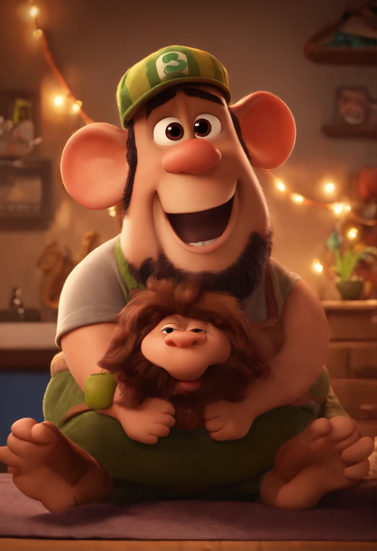 Imagem estilo Pixar com personagen 3d Disney,com um homem barbudo, big short nose and dirty cap tattoo, bonitinho, sorridente ,fechar-se, Pixar, Disney, cinema lighting,