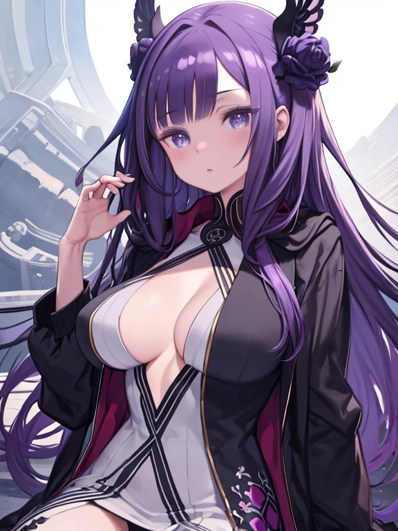 ((masterpiece,highest quality)), Funeral of Frieren, far, One girl, Purple Hair, solo, Very fine eye, Long Hair, Side Lock, Purple eyes, ((Big Breasts、Huge breasts))、hair ornaments, Lower the hood, White shirt, Black jacket, Open your clothes, Centerpieces, Blue sky and white clouds, Ink painting style