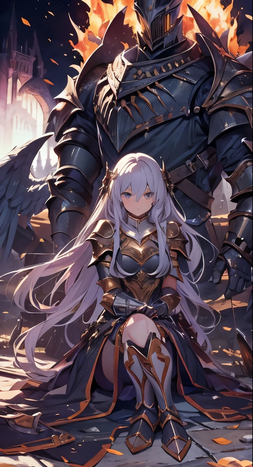 A girl, wearing a simple armor, shattered armor, armor is broken and missing parts, simple broken sword laying in the floor, despair, , she is kneeling on the floor, she is ultra sad, many tears, ultra long hair, Long eyelashes, ultra detailed face, glowing lips, glowing eyes, next to a bonfire, Dark souls style, missing breastplate, missing left gauntlets, night sky, dark place, giant angel wings,