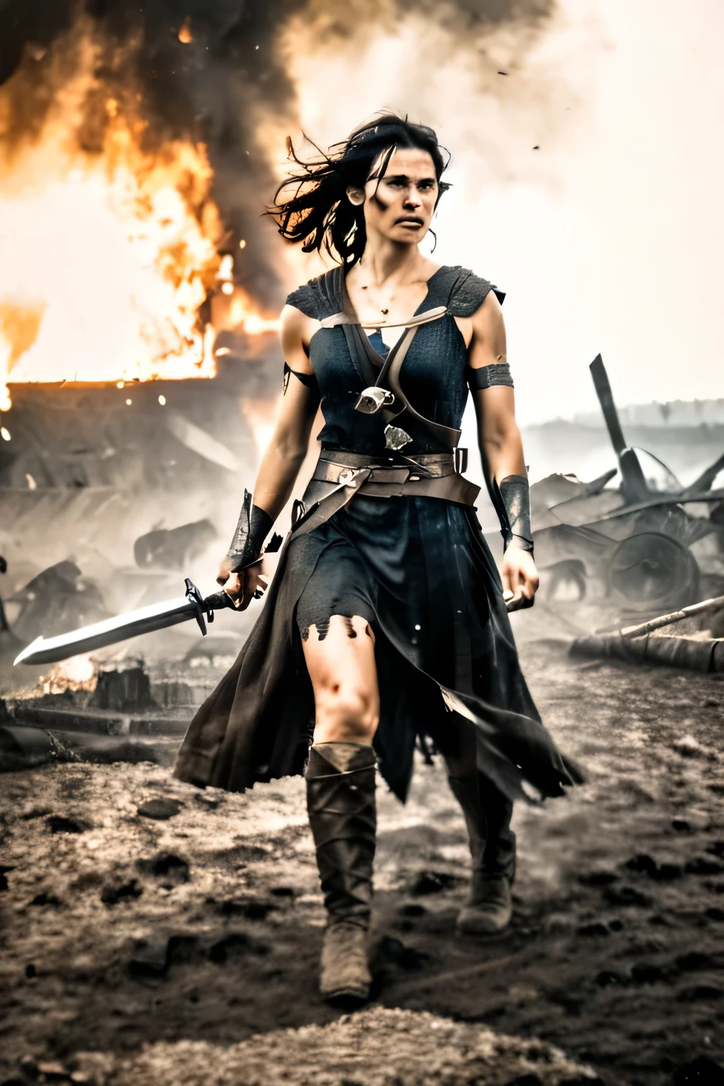 (best quality,hd,realistic),cinematic shot,epic,woman,30 years old,black eyes,black hair,athletic body,warrior,Valkyra,Viking,sword in her right hand,walking on a battlefield,bloody war,gore,war-torn,Battlefield:1.2,burning battlefield:1.1,dusty,smoke:1.1,dark:0.9,ominous,overcast sky:1.1,muddy ground:1.1,drenched,muddy footsteps,bloodstained armor:faint glints,gory wounds,fallen soldiers:1.1,lifeless,battle cries,roaring flames,ancient ruins,scattered weapons,shattered shields,battle flags,ferocious:1.1,muscular,scarred,resolve in her eyes,determined:1.1,heroic:1.1,adrenaline rush,bravery:1.1,valor,victory:1.2,sacrifice:1.1,bold:1.1,fierce demeanor,war paint:1.1,battle scars,rpund,majestic,imposing presence,heraldic insignia:1.1,proud:1.1,stern expression,wind-swept hair,gritty details,vivid colors,contrast lighting,high contrast:1.1,dramatic:1.1,highly detailed:1.2