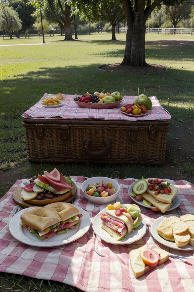 um piquenique em um parque, the picnic blanket is pink checkered and has food on top of the blanket, frutas, salgadinhos, bolos, sandwiches and juices on the tablecloth, also has two bibles 