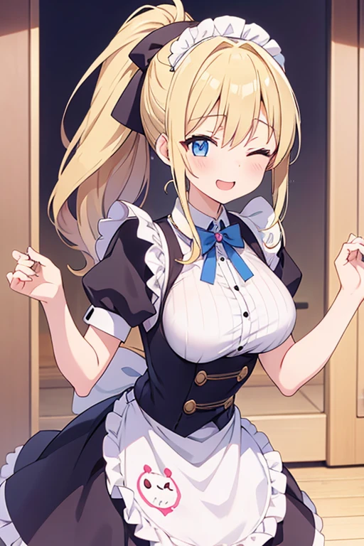 Naughty woman 、16 years old、Blonde ponytail、Hair longer than waist、Wearing maid uniform、Ample breasts、Laugh with your eyes closed、Twinkle smile、anime、pale blue eyes、Beg for a hug