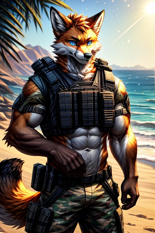 Masterpieces, furry, male, Anthropomorphic, red fox, blue eyes, black mark on muzzle, veiny, thin body, age 20, Delicate eyes, furred body, on a beach, perfect lighting, light particles,(best quality),(masterpiece),(ultra detailed), sharp focus, light particles, detailed barren background, desert camo military pants, shirtless, wearing heavy bulletproof vest , no shirt , fierce look, soldier look, full body, six pack abs, brown gorearms 