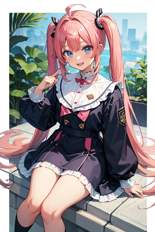 masterpiece, highest quality, High resolution,Anime Style、Characters from Tensura、Milim Platinum pink hair(Twin tails:1:20)(Ahoge:1:10)、blue eyes、About 10 years old、Her underwear is visible in her see-through uniform、Smile with your mouth closed、The double tooth shines、Red on the neck、white、A necklace with a blue magatama、Border socks