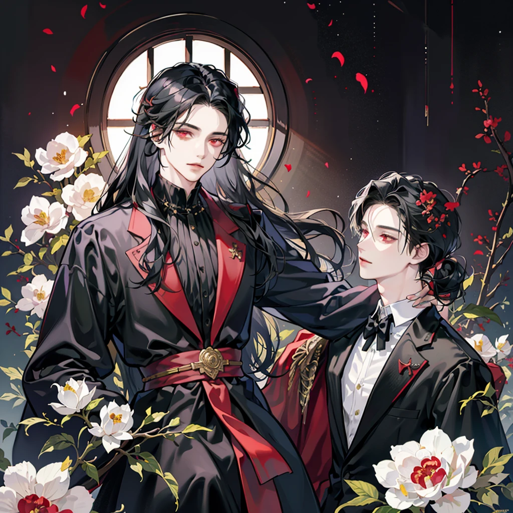 Young man, man, effeminate face, long wavy black hair, black clothes, red eyes, oriental, white flowers and red flowers, really pale white skin, greenery, ruin, abandoned place, light, sun, whole body, detailed face, detailed hair, detailed eyes, vampire, ONE PERSON.