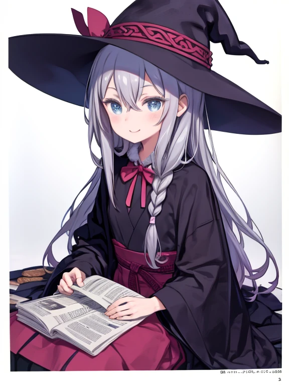 masterpiece, pale skin, pink dry lips, light eyes, eyeshadow, tired looking, tired eyes, medium breasts, light blue hair, messy hair, unkept hair, long hair, dense hair, mane hair, library scenery, dark robes, witch hat, emotionless face