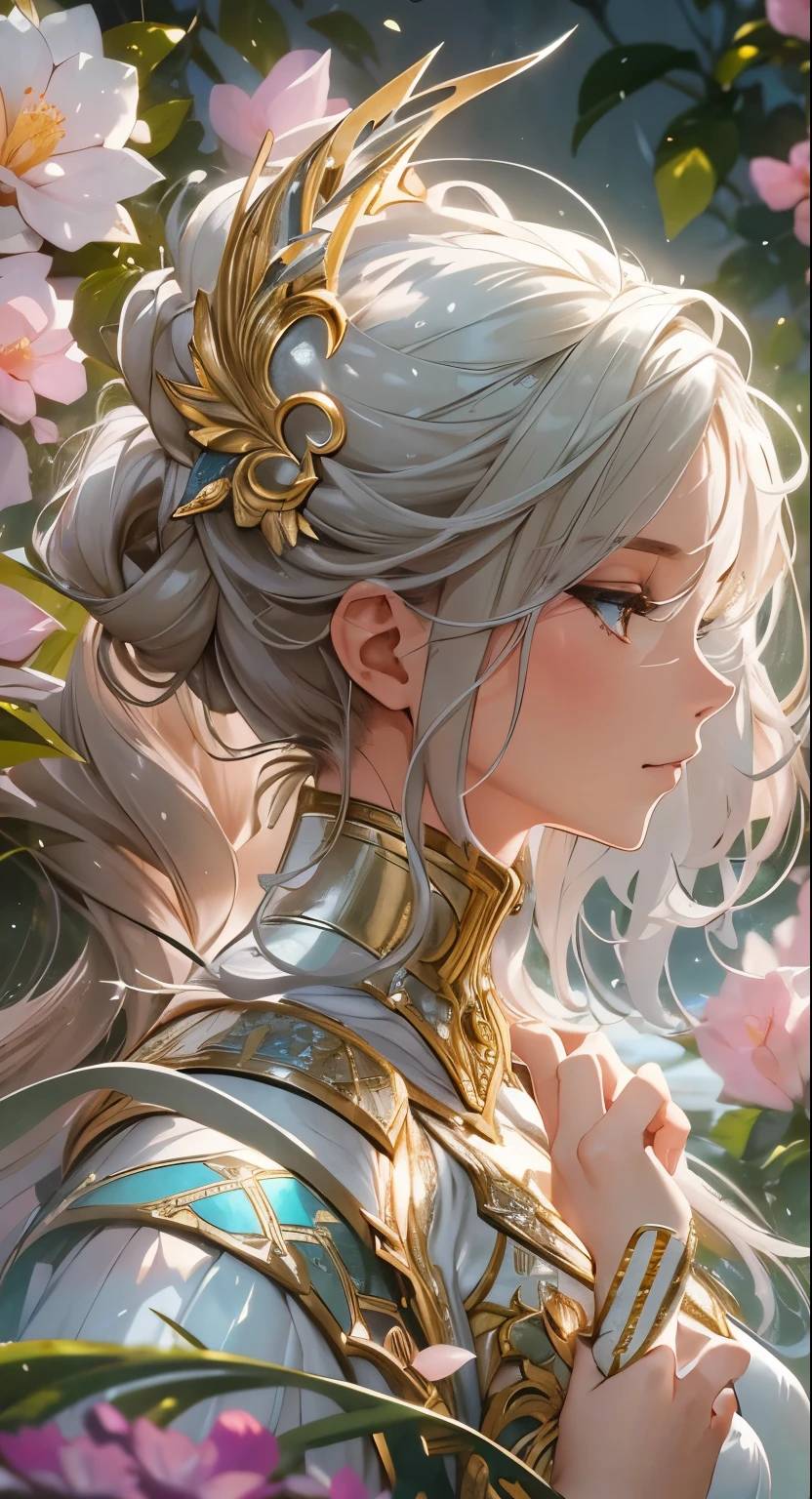 (best quality, highres, ultra-detailed), realistic armor, shining metal texture, beautiful reflections, intricate engravings, intricate armor details, sharp edges, perfect fit, pristine condition. She is surrounded by a serene garden, vibrant flowers, lush greenery, peaceful atmosphere. The sunlight gently illuminates the scene, creating soft shadows and highlighting the girl's features. Her eyes are deep and expressive, captivating anyone who gazes into them. Her lips are delicately curved in a gentle smile, adding to her charm and grace. The girl's outfit complements her armor, a flowing white gown with intricate lace patterns, adding a touch of elegance to her fierce and powerful appearance. She stands in a confident and elegant pose, embodying strength and grace. The girl's tiara, adorned with sparkling gemstones, adds a touch of sophistication to her regal presence. Her hair cascades down her back, flowing with intricate waves and curls, imbued with a sense of movement and life. The giant big bastard sword she holds is a masterpiece of craftsmanship, with a gleaming blade and ornate hilt, radiating strength and beauty. The sword's size and weight are a testament to the girl's incredible strength and skill. The scene is bathed in a soft, warm color palette, with hues of white, gold, and delicate pastels. The colors create a harmonious and tranquil atmosphere, enhancing the overall beauty and serenity of the composition. The lighting is gentle and natural, casting soft shadows and adding depth to the girl's features and the surrounding environment. The combination of the girl's graceful presence, the exquisite armor, and the serene garden creates a captivating and enchanting scene, evoking a sense of awe and wonder. The prompt captures the essence of this beautiful artwork, ensuring magnificent visuals and a truly captivating image.