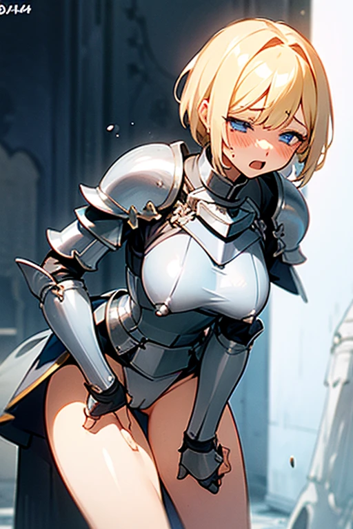 Only One Woman、Blonde、Blue eyes、short hair、Large Breasts、female knight、Wearing white armor、Black underwear、Is urinating、Leaning forward、Align inner thighs、Crouching、Place your hands on your crotch、Close ~ eyes、Embarrassing、shortness of breath、Open your mouth、Watery eye、Blushed face、Spilling urine