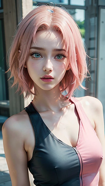 young woman, short shoulder-length pink hair, wide forehead, porcelain skin, pink eyebrows, big emerald green eyes, buttoned nose, full lips, heart-shaped face, slender body, small breasts, red tank top, Sakura Haruno , realistic, realism, details, 3d, well detailed
