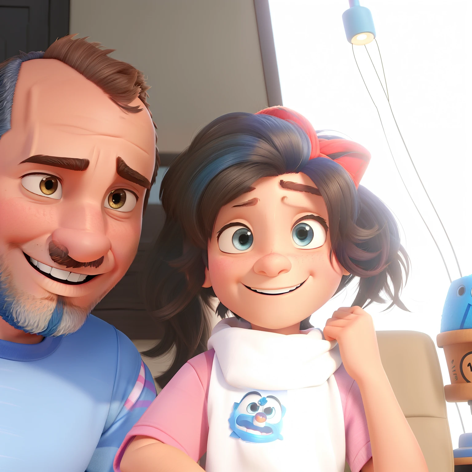 Imagem pixar em 3D de um homem moreno cabelo raspado, barba raspada, sorrindo, camiseta azul e uma pixar de 5anos, branca, cabelo curto cacheado, sorridente
