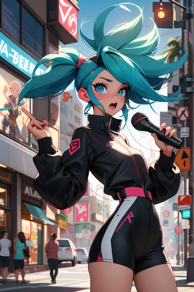 (high resolution:1.2),ultra detallado,realista,Sharp focus,vistoso,paredes cubiertas de graffiti,chica rapera artista callejera,ropa vibrante,Cantante de hip hop,cantando apasionadamente,energy efficiency,street art backdrop,urban atmosphere,escena callejera bulliciosa,ajetreo y bullicio,expresiones faciales expresivas,dynamic pose,accesorios originales,Handheld microphone,confident stage presence,attention-grabbing fashion style,unique street style,vida nocturna de la ciudad,neon lights illuminating,cultura de la moda callejera,youthful energy,multitud gritando,vibras positivas,Cultura Hip-Hop,escena musical urbana,fusion of music and art.,zapatillas con estilo,cultura del graffiti urbano,calles salpicadas de pintura,escaparate de talento urbano,vivid colors,Stunning images,alto energy efficiency,Electric atmosphere,musical expression,Estilo de vida urbano