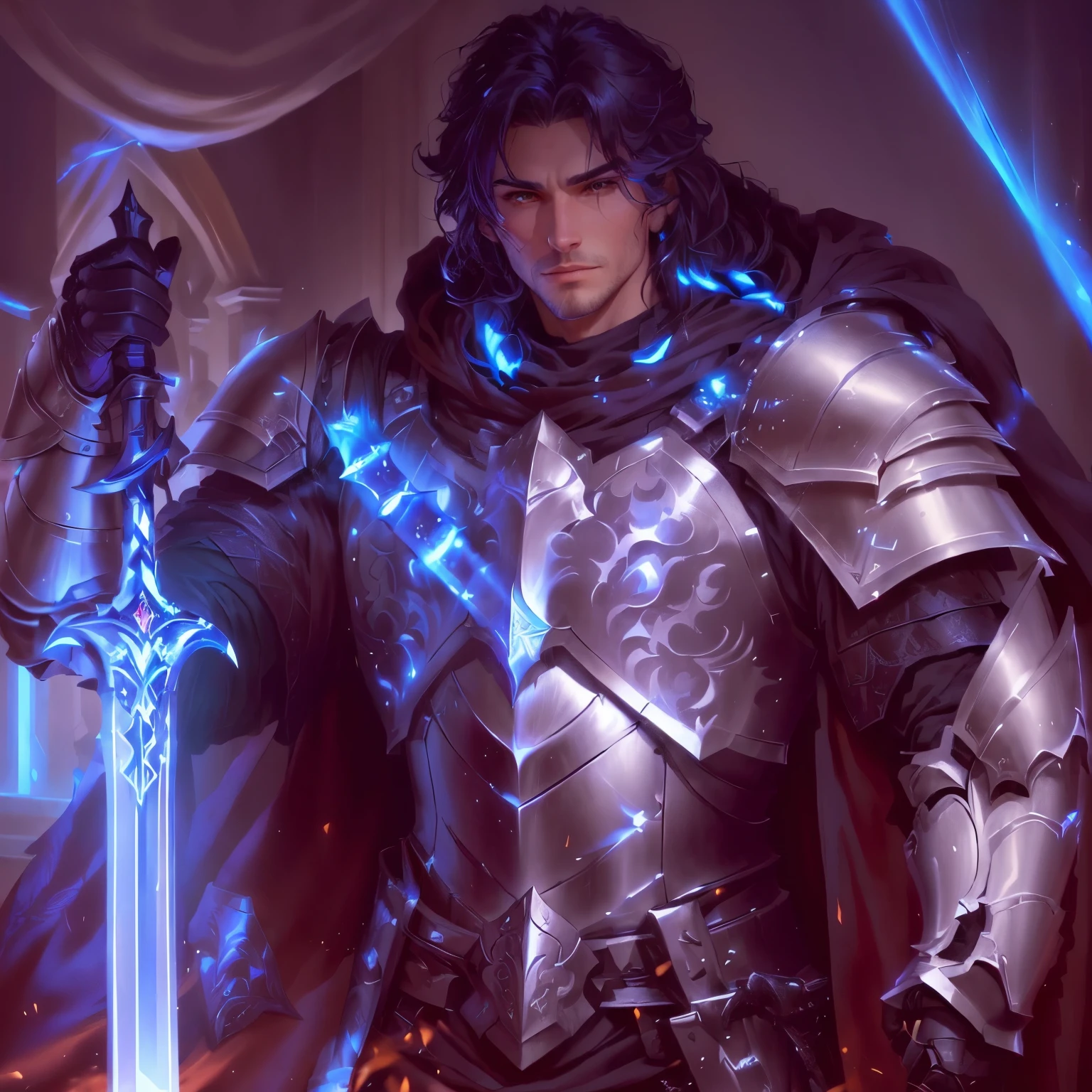 Araffed man in armor holds sword and glowing sword, a human male paladin, male paladin, Arsene Lupine as Paladin, fantasy paladin, strong fantasy knight, stern look, Full portrait of a magical knight, fantasy male portrait, The concept of a heroic fantasy character, handsome guy in demon slayer art, Fantasy character portrait, fantasy knight, portrait of a wild cloak fin