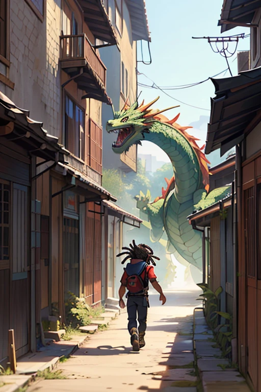 ((A black boy with dreadlocks hairstyle who is just growing up)), ((Dreadlocks are being born)) (garoto urbano), ((Going on an adventure alone looking for a super dragon&#39;s cave)), (Big dragon), (garoto de costas), animation, view from above, ((melhor qualidade)), ((obra de arte)), (detalhado), 