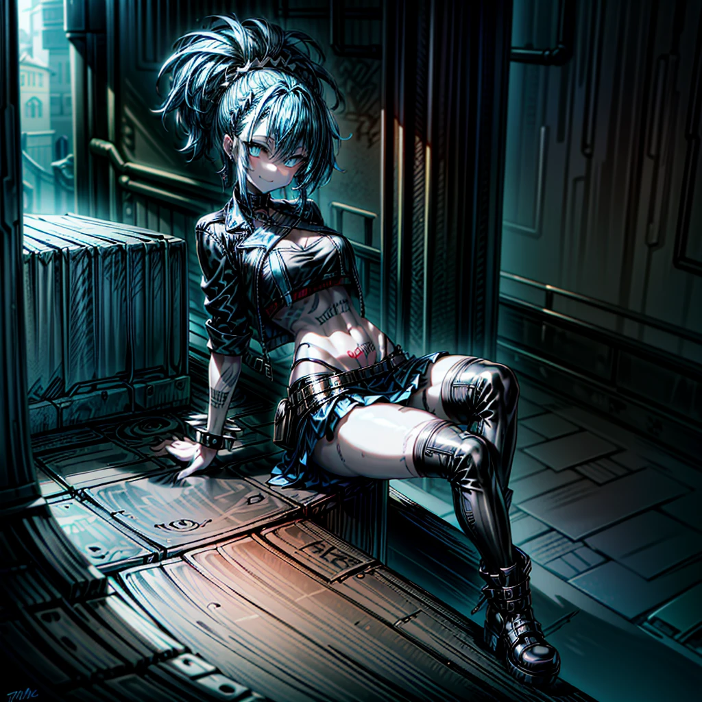 (punk rock girl:1.5,dark_blue_hair and eyes,firework updo hairstyle,pale skin, paper white skin:1.5,muscular physique:1.5,eyeliner,blue tattoo patterns,detailed tattoos, large tattoos,black hip-boots:1.5,boot buckles,black leather crop top jacket:1.5,blue pencil-Skirt:1.5,blue nail polish,best quality,highres,64k,HD,++++++details,masterpiece:1.5,seamless perfection,ultra-detailed, character-portrait, character_concept,solo focus,showing off her body,close up,sharp focus,graffiti,wild expression,rings and bracelets,earrings,grungy graffiti-covered walls,alone in a dark alleyway, sitting on dumpster,legs crossed,hand signs,vibrant punk fashion and accessories,confident expression,rebellious spirit,vivid colors,gritty atmosphere,genuine punk rock feel,metal spikes,riotous energy,confident smile,sharp details and textures,street art,raw and energetic performance,intense vocals,expressive eyes,high-energy performance,raw emotions,earthy and rugged vibes,punk rock fashion statement,unique and alternative style)