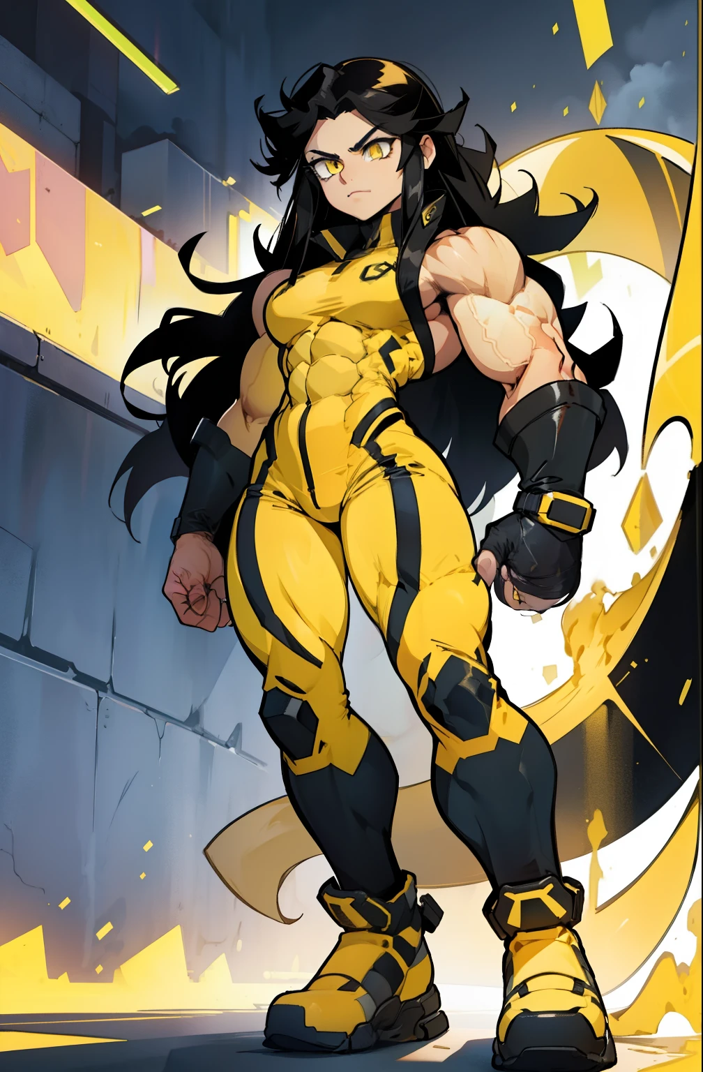 (((((muscular 1 girl))))), huge breasts, toned body, black hair, pale skin, yellow eyes, very long hair, skinsuit