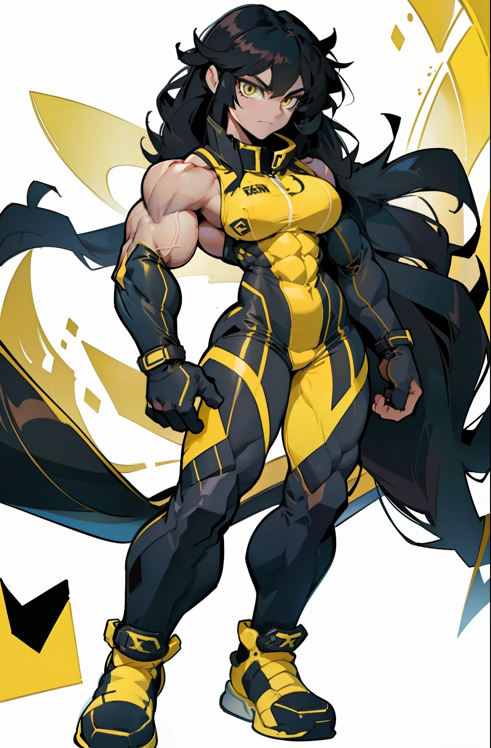 (((((1 girl))))), black hair, yellow eyes, very long hair, ((((((muscular)))))), tall, pale skin, bodysuit, ((full body)), (solo)