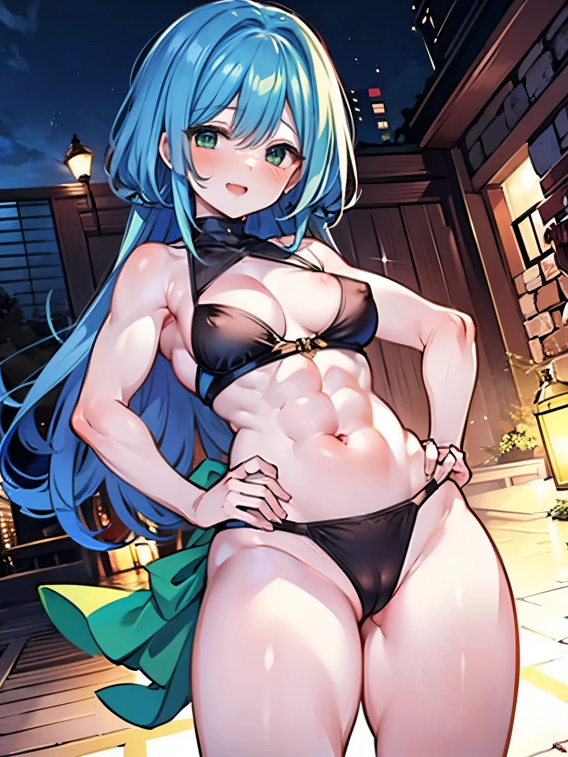 Second Dimension、Cool girl、sister、smile、Are standing、tall、Masculine muscles、Big Abs、Side Chest、Small breasts、Pectoralis major、Place hands on hips、Biceps、Thick thighs、Hamstring 、Big Ass、Black Bikini、Long Hair、Light blue hair、Green Eyes、Open your mouth、Dark Room