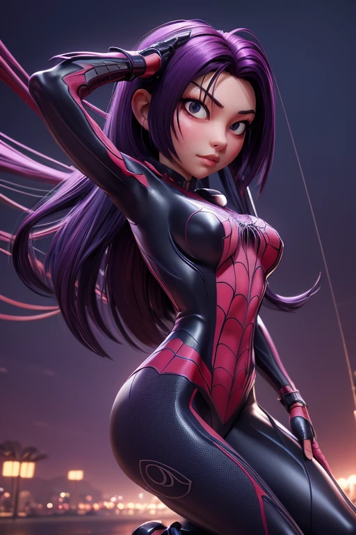 una foto de un atractivo S033_RileyGuava, como (spider girl:1.1), (Noche:1.3), (8k, foto cruda, mejor calidad, ultra high resolution, fotorrealista, mcomoterpiece, ultra detallado, Motor irreal)