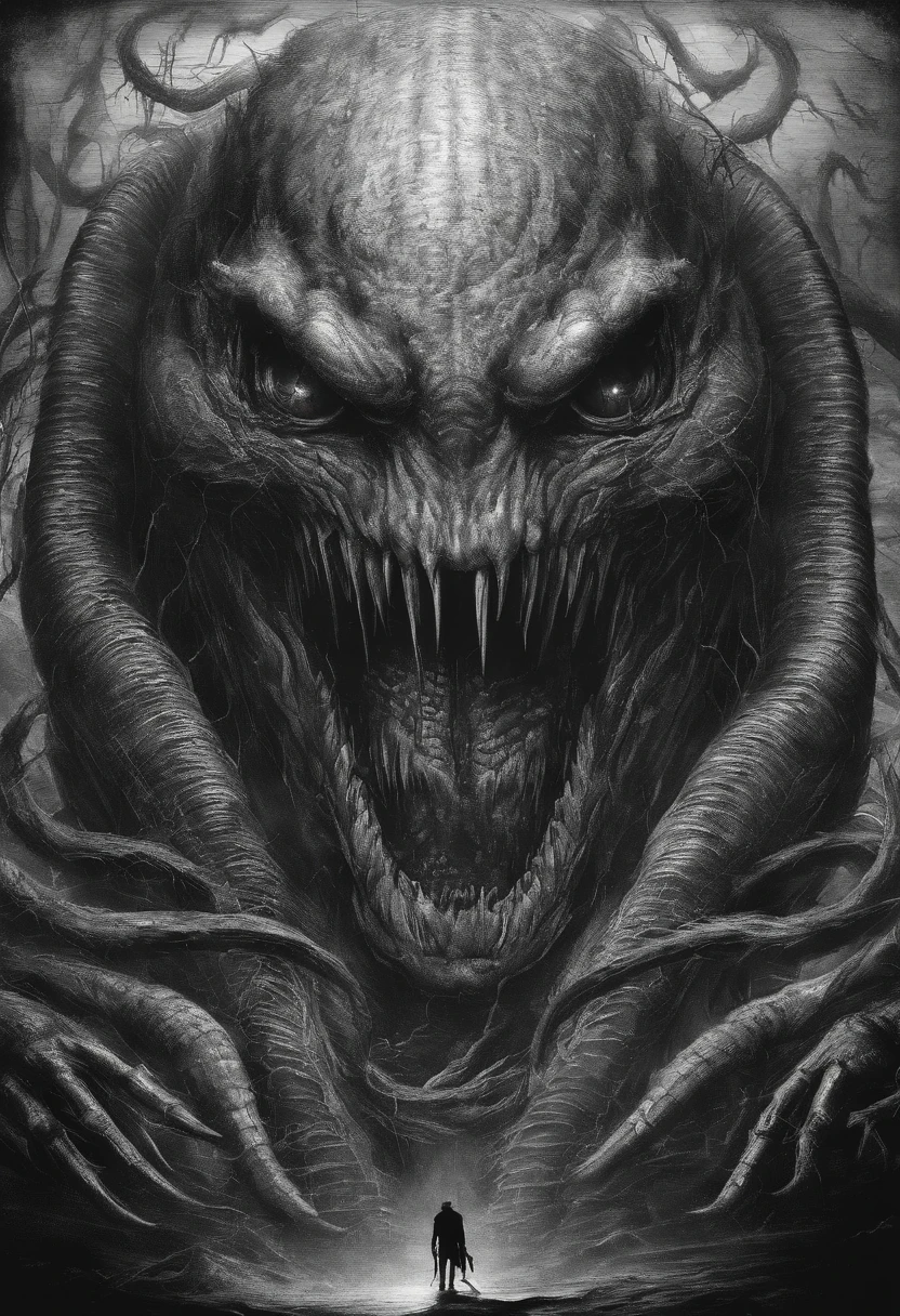 Monstro colossal, corpo de cobra, olhos grandes e brilhantes, face with human features, vale da estranheza, Boca enorme, boca aberta, dentes afiados, sorriso cruel. 