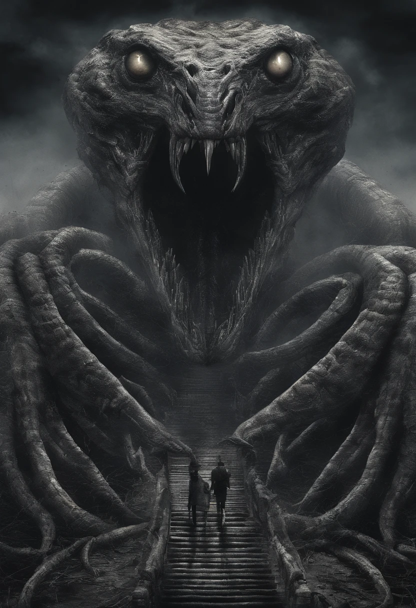 Monstro colossal, corpo de cobra, olhos grandes e brilhantes, face with human features, vale da estranheza, Boca enorme, boca aberta, dentes afiados, sorriso cruel.