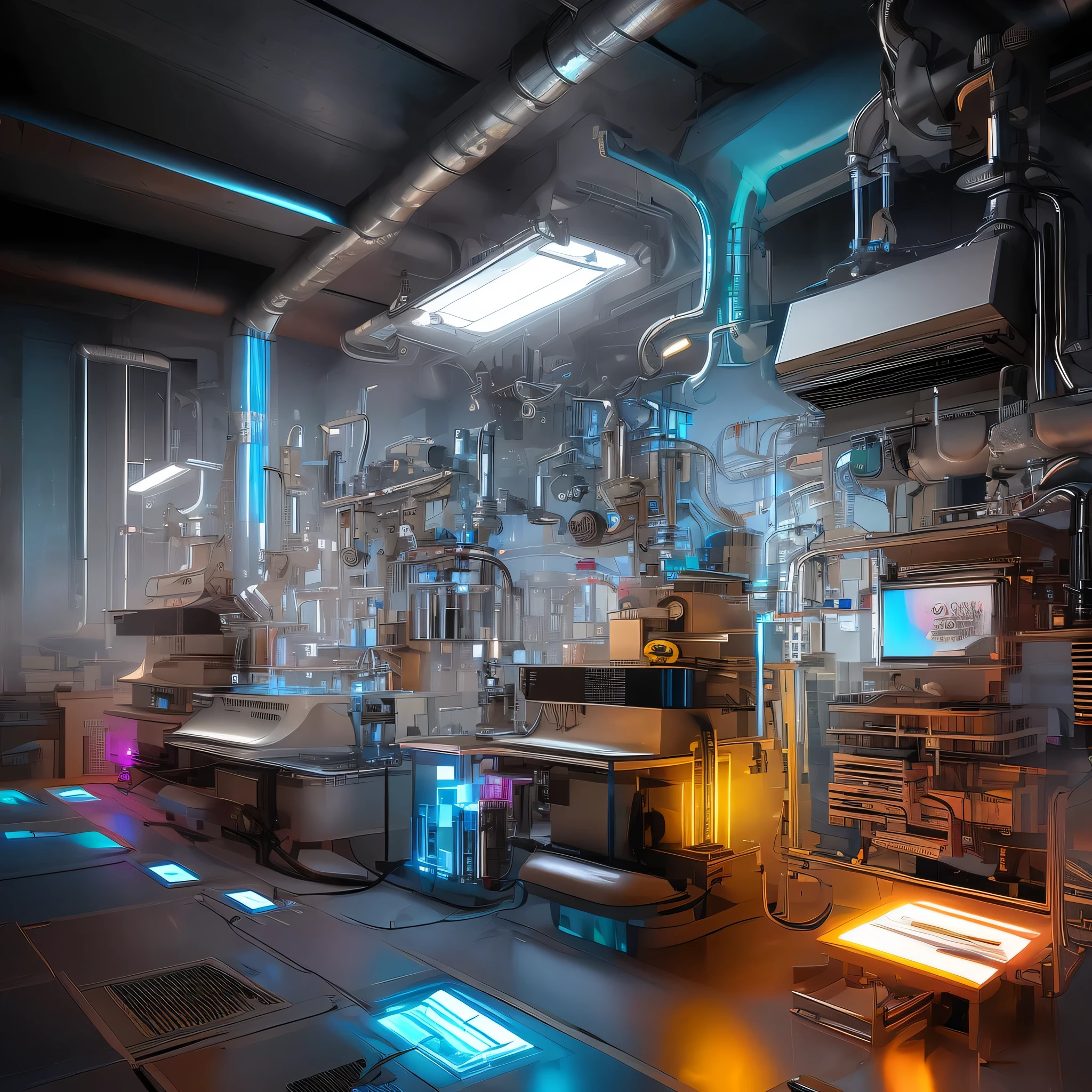 crie uma imagem realista envolvendo tecnologia, Science, Chemical elements, laser, modernidade, artificial intelligence, que representa a ideia de que muitos materiais ainda precisam ser inventados. The image shows a variety of objects and innovation tools in a futuristic and technological environment. Modern and futuristic laboratory. Linhas e design precisos.