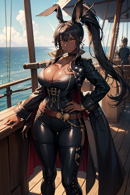 (masterpiece), best quality, highly detailed faces, (SHARP details), 4k, highly detailed, expressive eyes, SHARP detail expressive eyes, (SHARP detail perfect face), ((dark skin)), (bunny ears), (viera), ((black hair)), (choker) amber eyes, ponytail, wild tomboy hair, smiling, standing, (wearing pirate outfit), 20 years old, cleavage, ((solo)), nice hips, curvy, tall woman, ((sweat)), outdoors, pirate ship, ocean, (wearing white button shirt), (black pirate coat), black coat, thighhigh boots, (pirate), ((saber)), cutlass, belt, pirate gun in belt, (wearing black tight pants), piercings, jewelry, (female pirate captain), earrings on bunny ears, (full body shot), (on a ship),