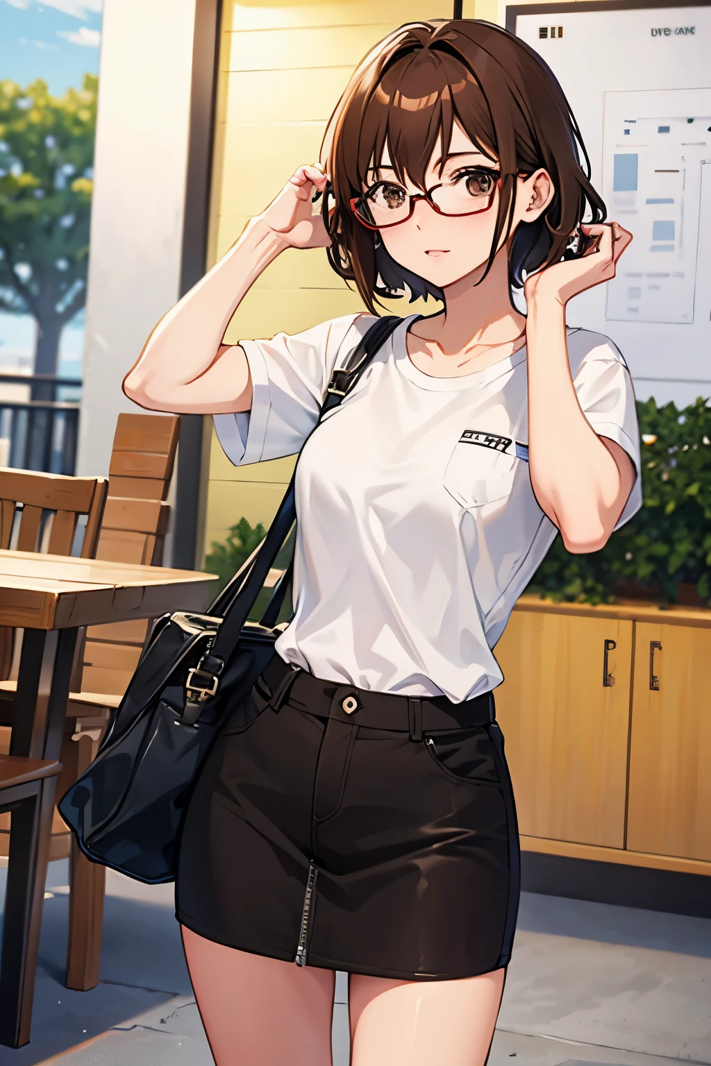 Anime gorl with short brown hair and glasses