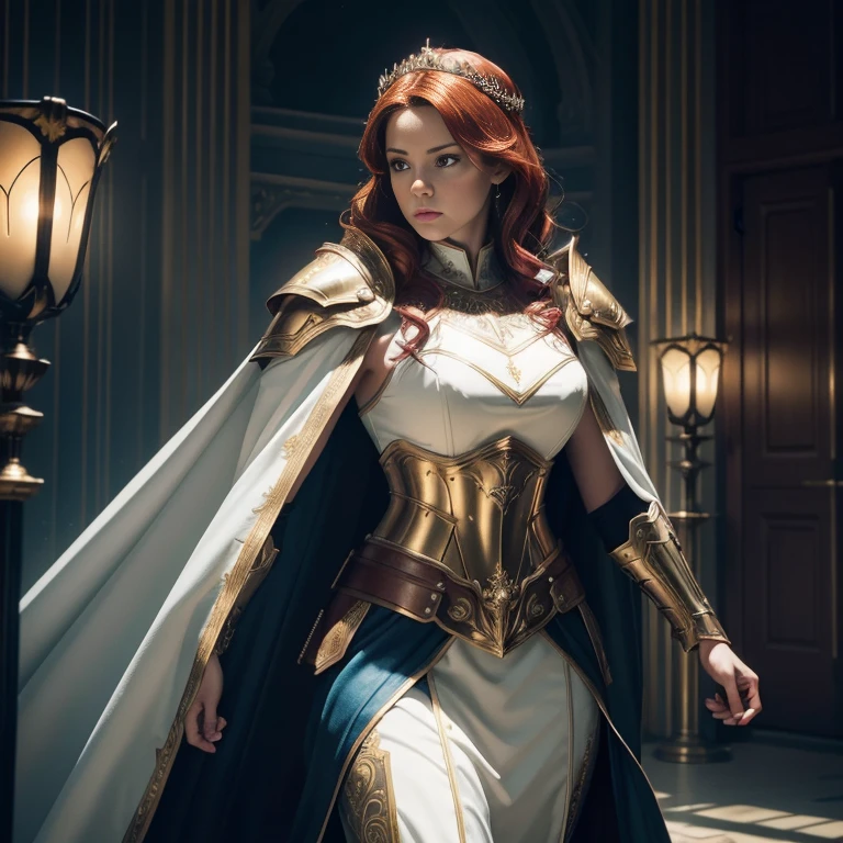 (master piece:1.5), (best quality:1.5), (exquisite lighting and shadow, highly dramatic picture, cinematic lens effect) (Photorealistic picture) (Card game image) 8k, wallpaper, dynamic pose, full body female red gold hair paladin girl wearing an intricate elaborate blue armor with white ornaments, white long cape, holding a sword, holding a shield, field with big tower at the distance, ethereal lighting, sharp focus, highly detailed, realistic, cinematic lighting, studio quality

