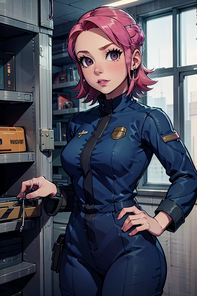Mayl Sakurai reimagined as a vault dweller in vault doing maintenance, pipboy, pink hair, 26year old, vault dweller jumpsuit,milf, underground, indoor