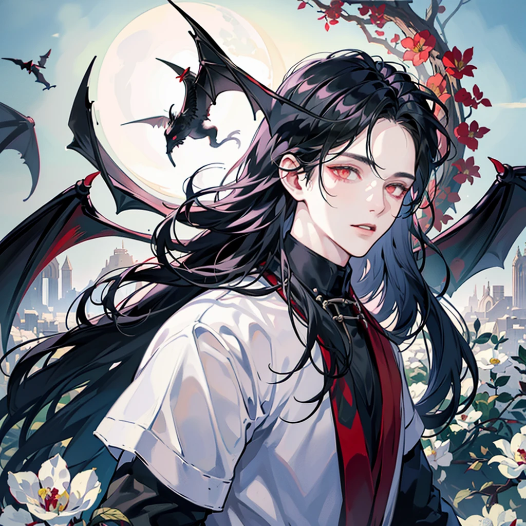Young man, man, effeminate face, long wavy black hair, black clothing, red eyes, white flowers and red flowers, modern clothing, really pale white skin, greenery, ruin, bat, abandoned place, light, moon, whole body, ruined castle, ruined building, moonlight, detailed face, detailed hair, detailed eyes, vampire, ONE PERSON.