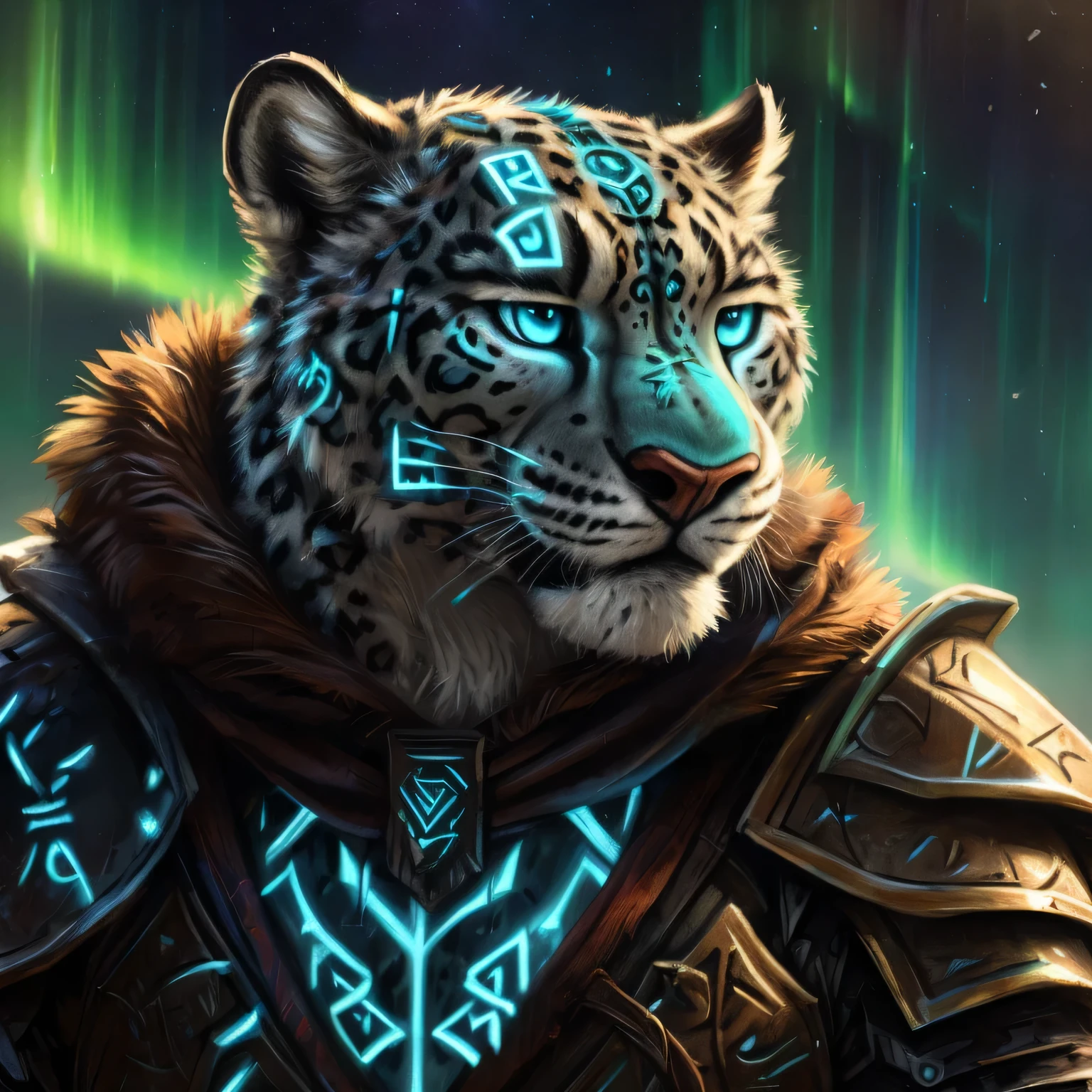 4k, high resolution, best quality, perfect colors, perfect shadows, perfect lighting, bright fill light, ((correct anatomy)), (photorealistic fur, detailed fur, epic, masterpiece:1.2), (by blotch, by kenket, by blackteagan), handsome face, perfect face, (((anthro snow leopard))), blue eyes, muscular build, tall, (wearing runic armor), GlowingRunes_rainbow, closeup, chest-up portrait, fur_lined_cloak, nordic armor, rune face tattoo, aurora borealis background, (((blue face tattoo, clawmark shape)))