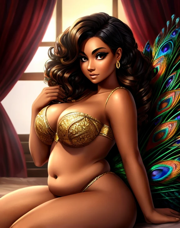 curvaceous yet chubby peacock Demi human woman with tanned brown skin, curly black hair with blonde streaks, brown eyes with long thick lashes, peacock feathers