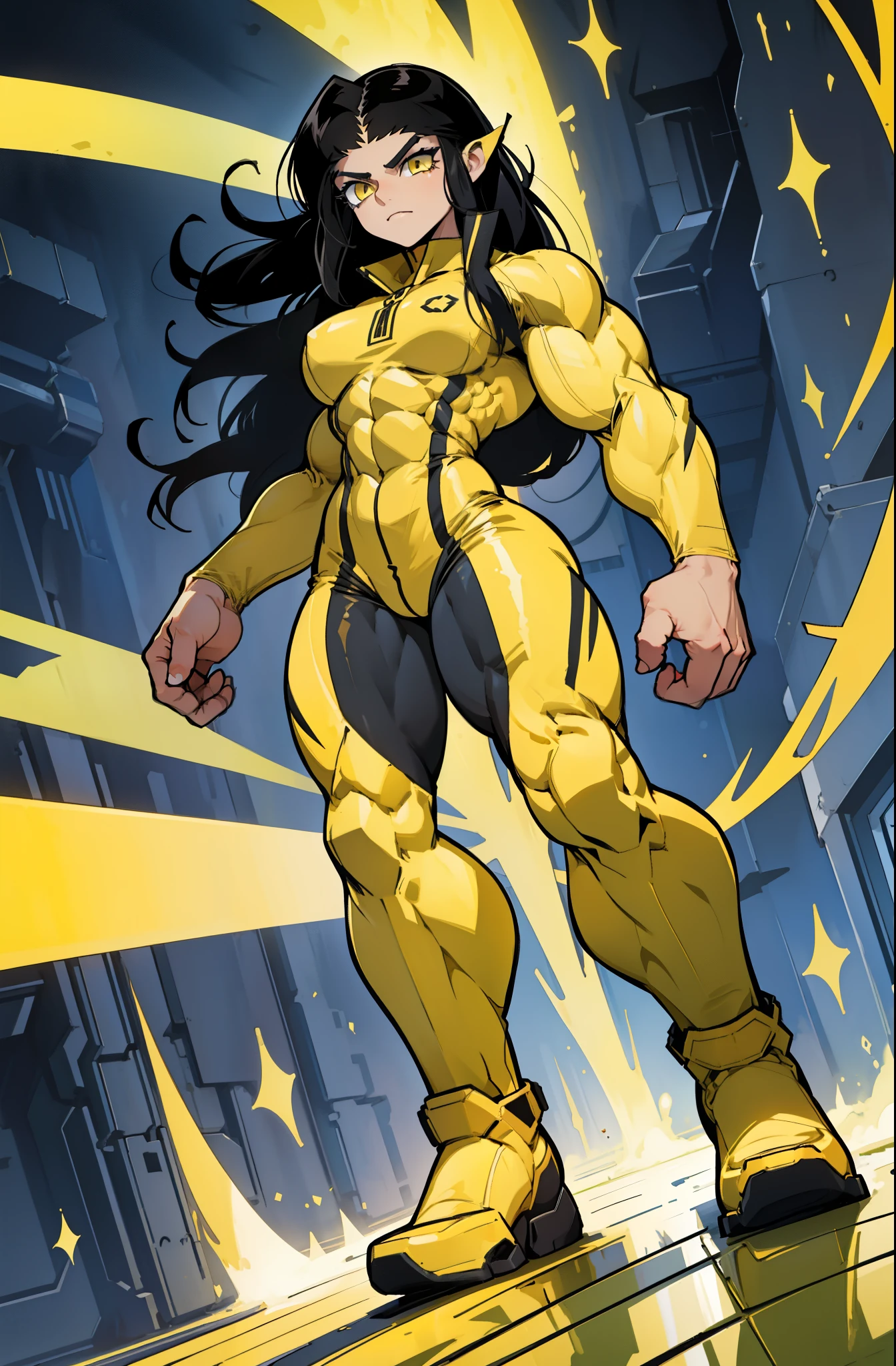 (((((1 girl))))), black hair, yellow eyes, very long hair, ((((((muscular)))))), tall, pale skin, bodysuit, ((full body)), (solo)