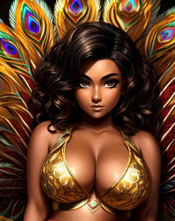 curvaceous yet chubby peacock Demi human woman with tanned brown skin, curly black hair with blonde streaks, brown eyes with long thick lashes, peacock feathers