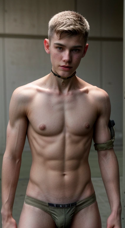 Detailed photo focusing on sensual gay male beauty, very cute very skinny gay horny 18yo military twinks showing off military (cyberpunk cybernetic prosthetics forearms), ((cute military boys shirtless)), wearing an army thong with short trimmed pubic hair visible, caring in a military war camp, hyperealistic, 4k, weak, not muscular), (perfect rendered cute boyish faces) (no blemishes on his face) (gay foot fetish),
