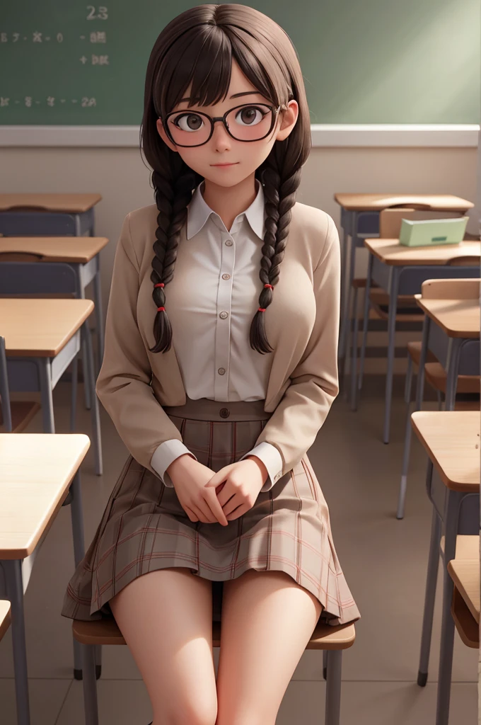 (masterpiece), best quality, high resolution, highly detailed, detailed background, perfect lighting, The student council girl with twin braids and glasses whom you don't know that she's a pervert until looking prompts, in the classroom, low viewpoint from the ground, upskirt