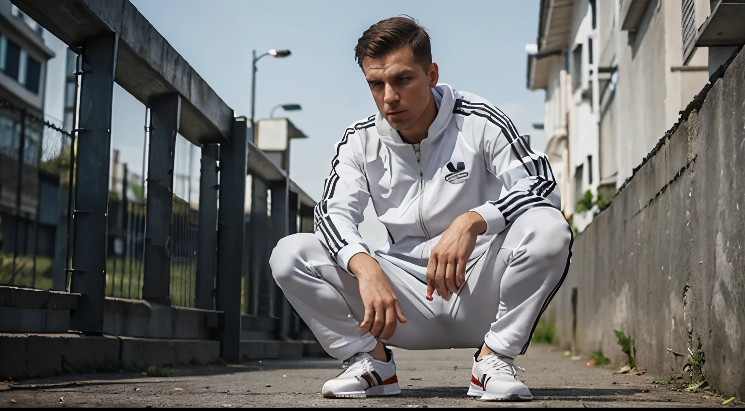 squating gopnik with adidas tracksuit