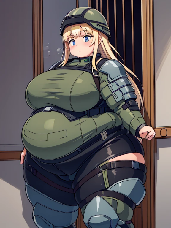 Massively obese armored tactical soldier girl, fat rolls, short platinum blond hair, (obese belly):1.4, (obese thighs):1.4, bbw, wide hips, belly armor, huge ass, ussbbw, (soldier helmet):1.2 extremely chubby, BREAK battlefield, trenches, mud, dark, foggy, smoke, dirt
