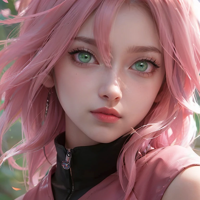 young woman, long pink hair, wide forehead, porcelain skin, pink eyebrows, big emerald green eyes, buttoned nose, thick lips, heart-shaped face, slender body, small breasts, pink leather dress, Sakura Haruno, realistic, realism black details 3d