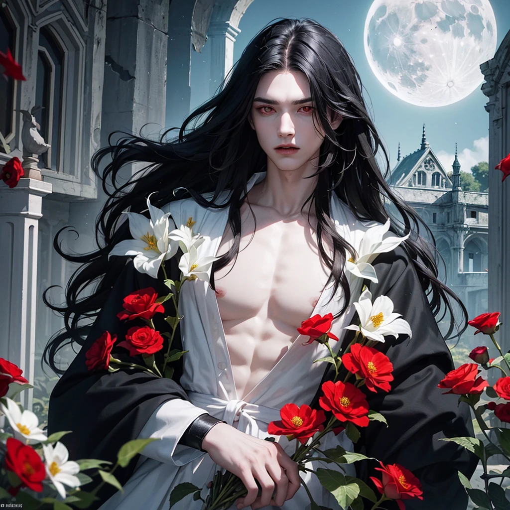Young man, man, effeminate face, long wavy black hair, black clothing, red eyes, white flowers and red flowers, modern clothing, really pale white skin, greenery, ruin, bat, abandoned place, light, moon, whole body, ruined castle, ruined building, moonlight, detailed face, detailed hair, detailed eyes, vampire, ONE PERSON.