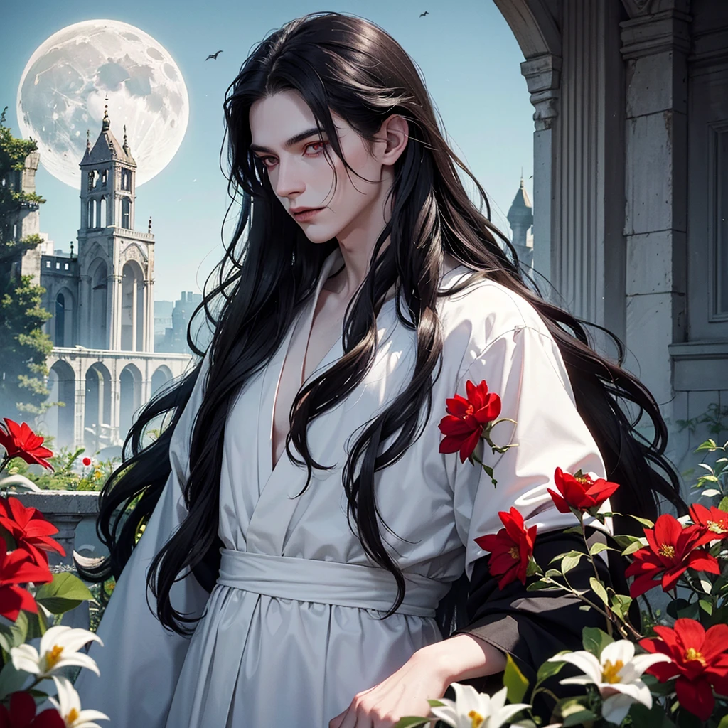 Young man, man, effeminate face, long wavy black hair, black clothing, red eyes, white flowers and red flowers, modern clothing, really pale white skin, greenery, ruin, bat, abandoned place, light, moon, whole body, ruined castle, ruined building, moonlight, detailed face, detailed hair, detailed eyes, vampire, ONE PERSON.