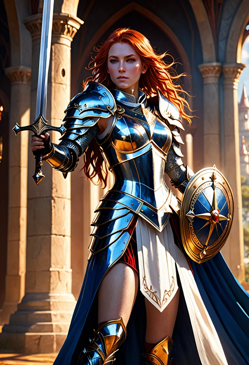 (master piece:1.5), (best quality:1.5), (exquisite lighting and shadow, highly dramatic picture, cinematic lens effect) (Photorealistic picture) (Card game image) 8k, wallpaper, dynamic pose, full body female red gold hair paladin girl wearing an intricate elaborate blue armor with white ornaments, white long cape, holding a sword, holding a shield, field with big tower at the distance, ethereal lighting, sharp focus, highly detailed, realistic, cinematic lighting, studio quality