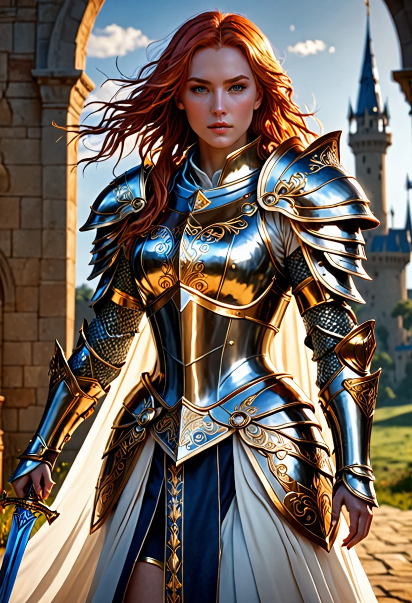 (master piece:1.5), (best quality:1.5), (exquisite lighting and shadow, highly dramatic picture, cinematic lens effect) (Photorealistic picture) (Card game image) 8k, wallpaper, dynamic pose, full body female red gold hair paladin girl wearing an intricate elaborate blue armor with white ornaments, white long cape, holding a sword, holding a shield, field with big tower at the distance, ethereal lighting, sharp focus, highly detailed, realistic, cinematic lighting, studio quality

